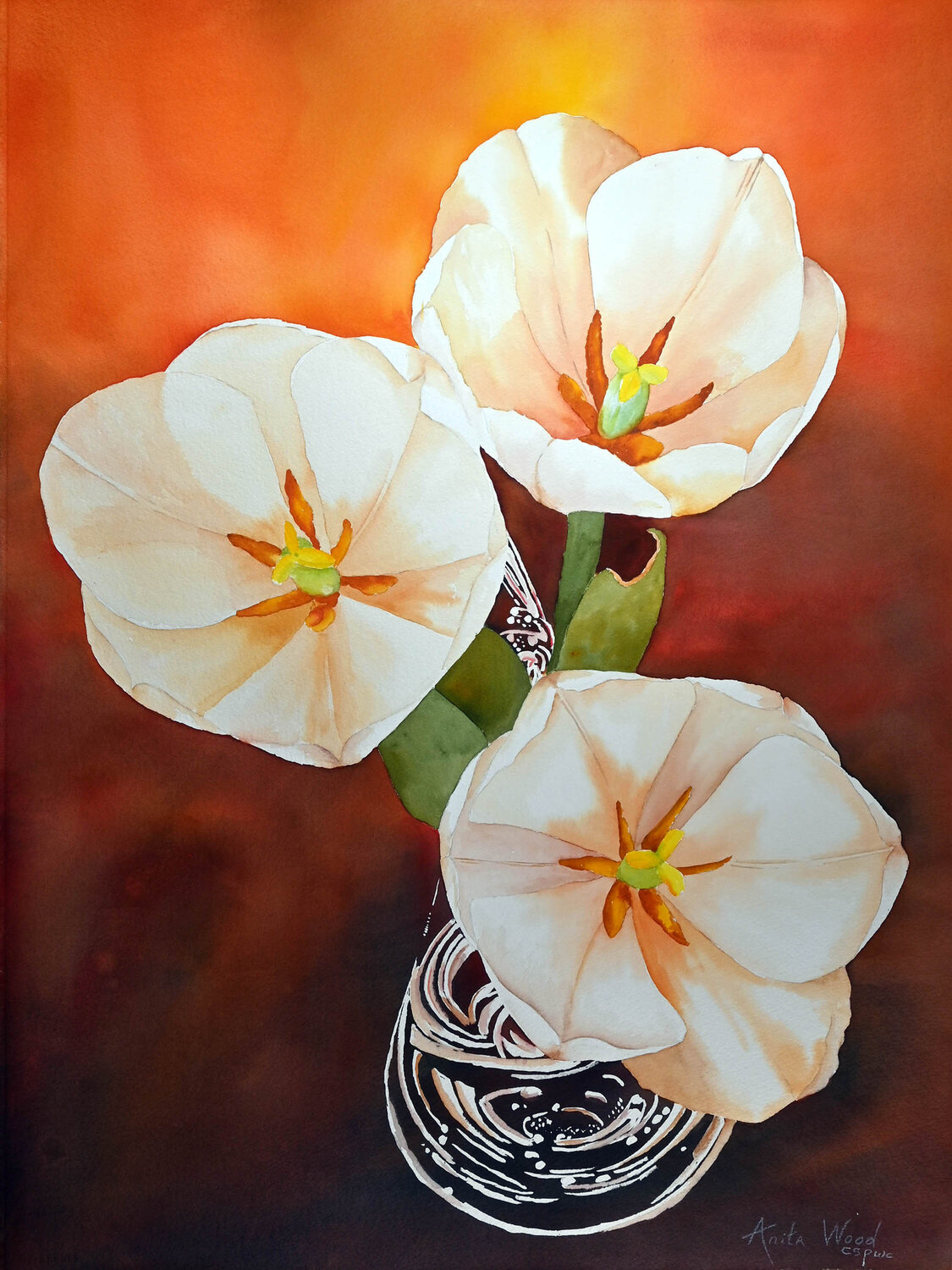 White Tulips at Dusk Anita Wood Werk op papier te koop