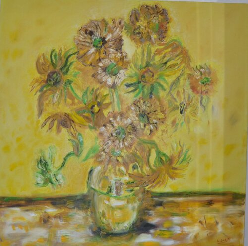 Golden Sunflowers in a Glass Vase by ARTUR ZALESKI, Painting for Sale on Singulart