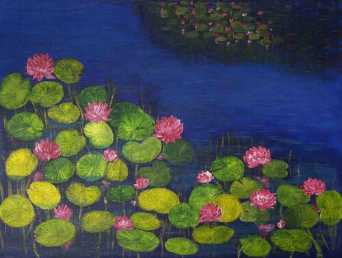 Whispers Of A Blue Lily Pond par Shakuntala RKrishnaiii, Peinture en vente sur Singulart