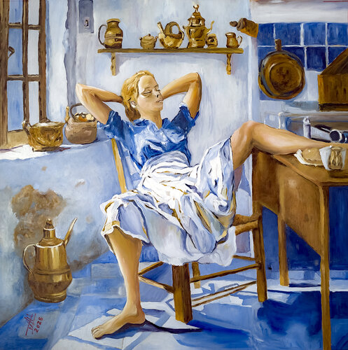 Blue Kitchen Siesta par Félix Rubio Sanz, Peinture en vente sur Singulart
