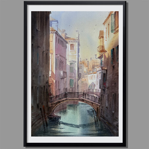 Tranquil Venetian Canal — Original Watercolor Painting de Vahe Grigorian, Pintura a la venta en Singulart
