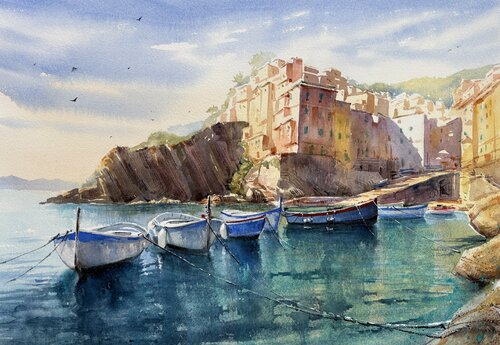 Sunny Portofino Harbor — Original Watercolor par Vahe Grigorian, Peinture en vente sur Singulart