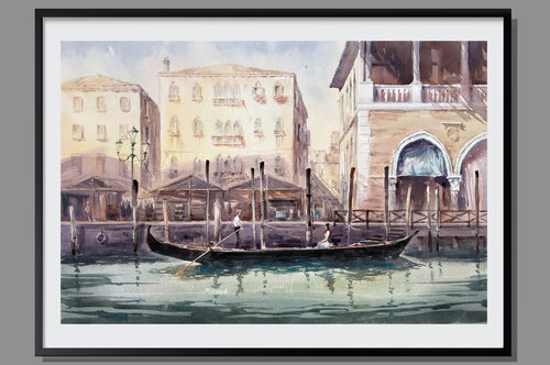 Scarlet Passage — Venice Gondola Watercolor de Vahe Grigorian, Pintura a la venta en Singulart