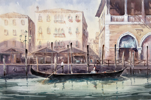 Scarlet Passage — Venice Gondola Watercolor par Vahe Grigorian, Peinture en vente sur Singulart
