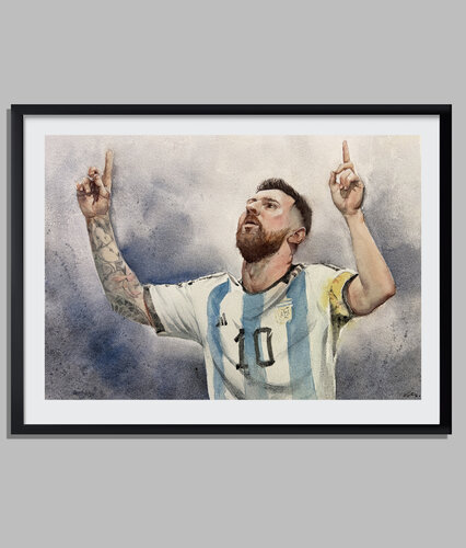 Lionel Messi Watercolor — Argentina Jersey, Arms Raised van Vahe Grigorian, Schilderij te koop op Singulart