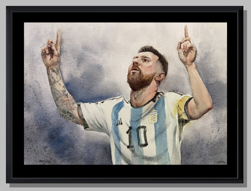 Lionel Messi Watercolor — Argentina Jersey, Arms Raised par Vahe Grigorian, Peinture en vente sur Singulart