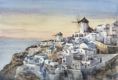 Whispers of the Wind: The Iconic Windmills of Santorini van Vahe Grigorian, Schilderij te koop op Singulart