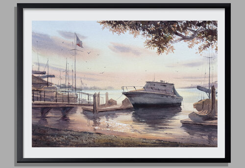 Newport Sunset: Watercolor Boat at Dusk von Vahe Grigorian, Malerei kaufen auf Singulart