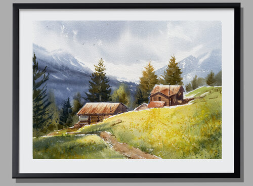 Swiss Mountains Watercolor — Cottages &amp; Yellow Hills von Vahe Grigorian, Malerei kaufen auf Singulart