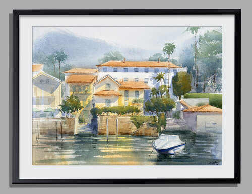 Sunny Lake Como Watercolor Painting — Italian Lakeside Houses & Boat de Vahe Grigorian, Pintura a la venta en Singulart
