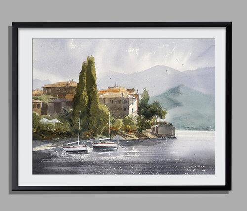 Morning Light Over Lake Como — Original Watercolor by Vahe Grigorian, Painting for Sale on Singulart