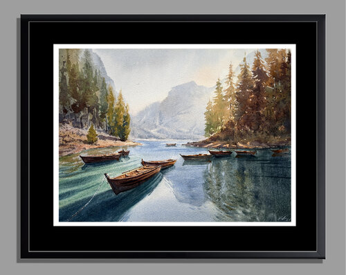 Morning at Lake Braies — Watercolor Painting of Lake Braies, Italy par Vahe Grigorian, Peinture en vente sur Singulart