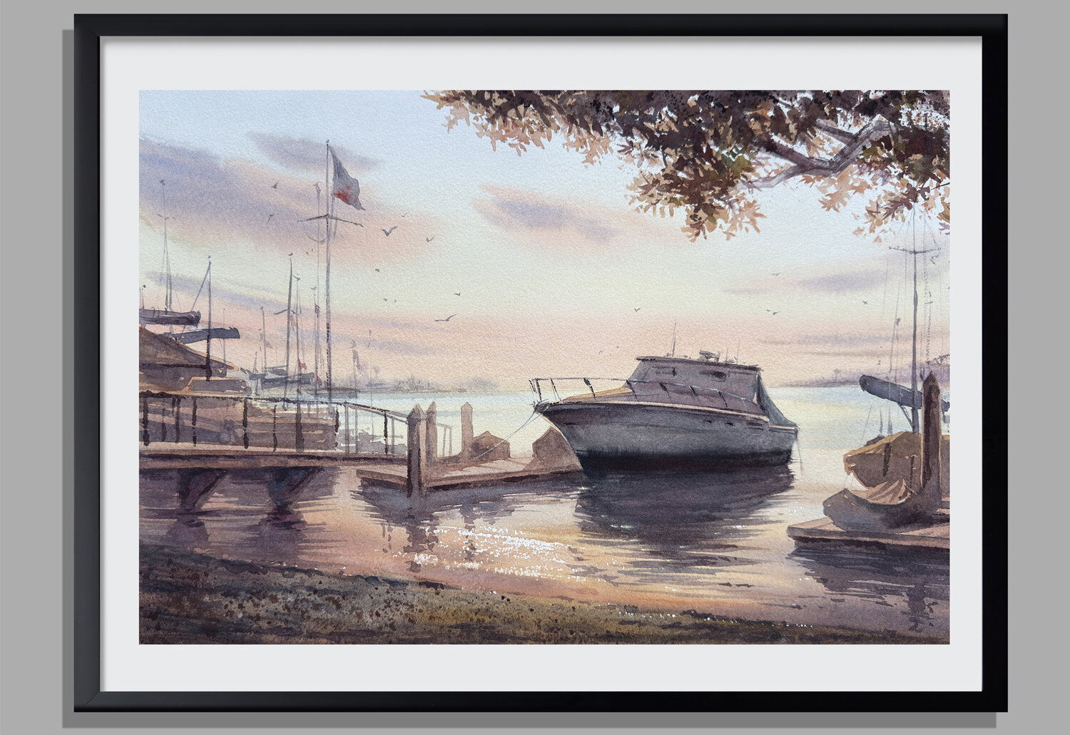 Newport Sunset: Watercolor Boat at Dusk Vahe Grigorian Originalgemälde zu verkaufen