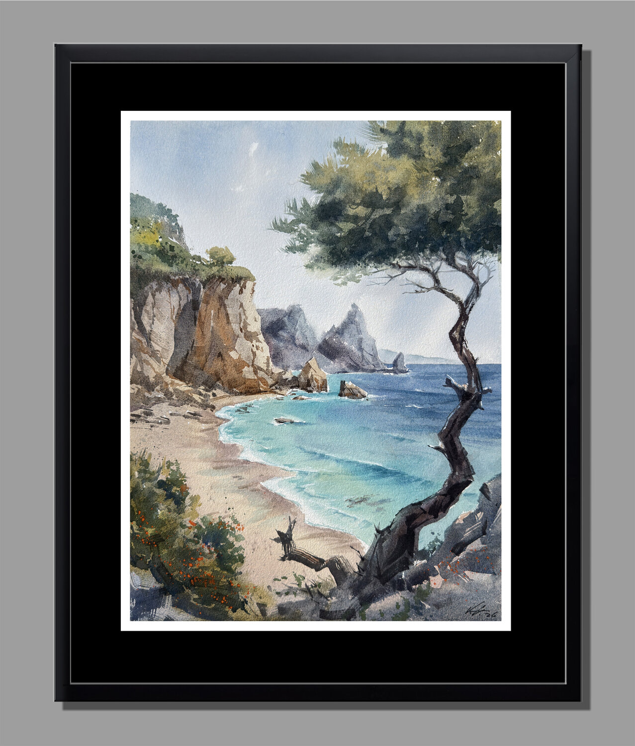 Turquoise Waters Watercolor — Cliffside Seascape with Lone Tree Vahe Grigorian Peinture originale à vendre