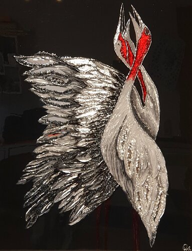 Falling in Love – Large 3D Heron Painting 90×70 cm, Romantic Textured Silver Bird Art with Real Mirror Glass & Epoxy Resin de Alena Osygus, Pintura a la venta en Singulart
