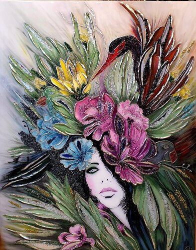 Exklusives 3D-Wandbild „Japanische Muse“ (Spiegelmosaik & Resin) by Alena Osygus, 絵画 for Sale on Singulart