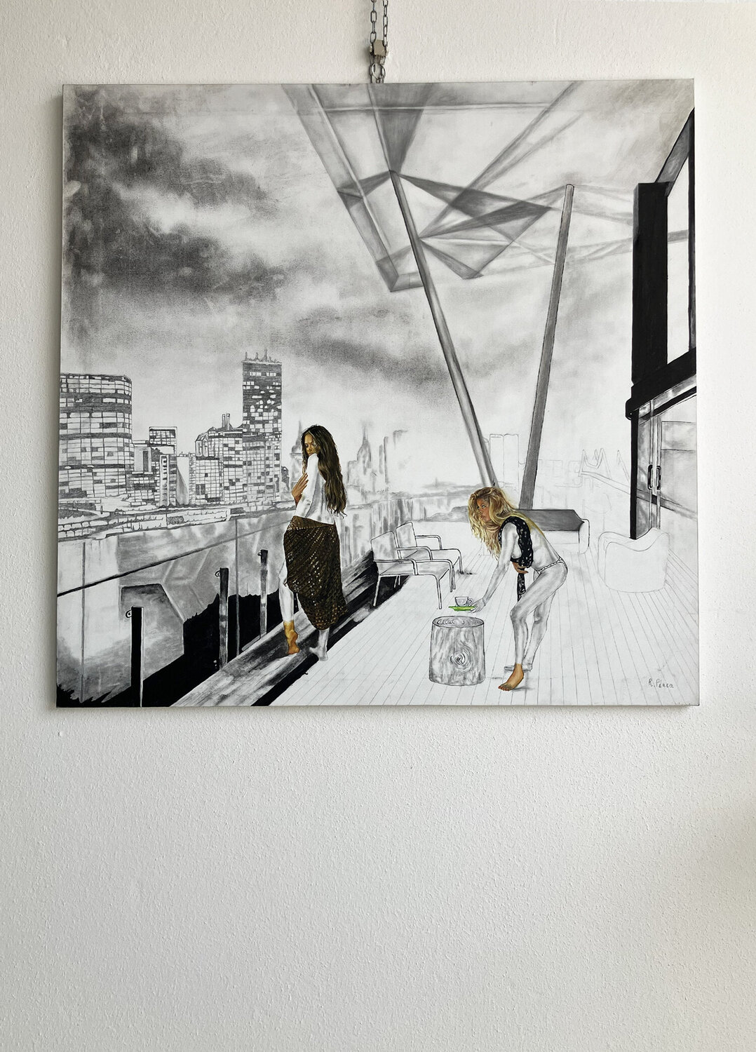 Quadro matita e olio su tela- Daria e Lucia Roberto Piaia Originalgemälde zu verkaufen