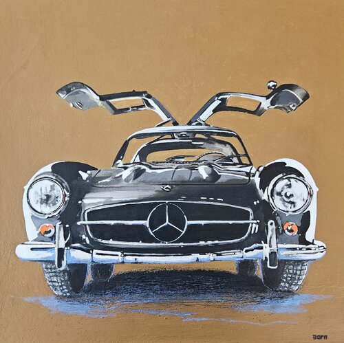Mercedes SL 300 grey on ocher de Zoran Jovicic-Spaar, Pintura a la venta en Singulart