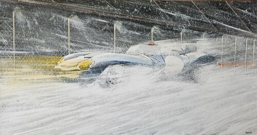 Jaguar D-Type in Rain de Zoran Jovicic-Spaar, Obra en papel a la venta en Singulart
