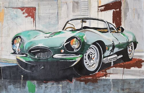Jaguar E, green Roadster by Zoran Jovicic-Spaar, Painting for Sale on Singulart