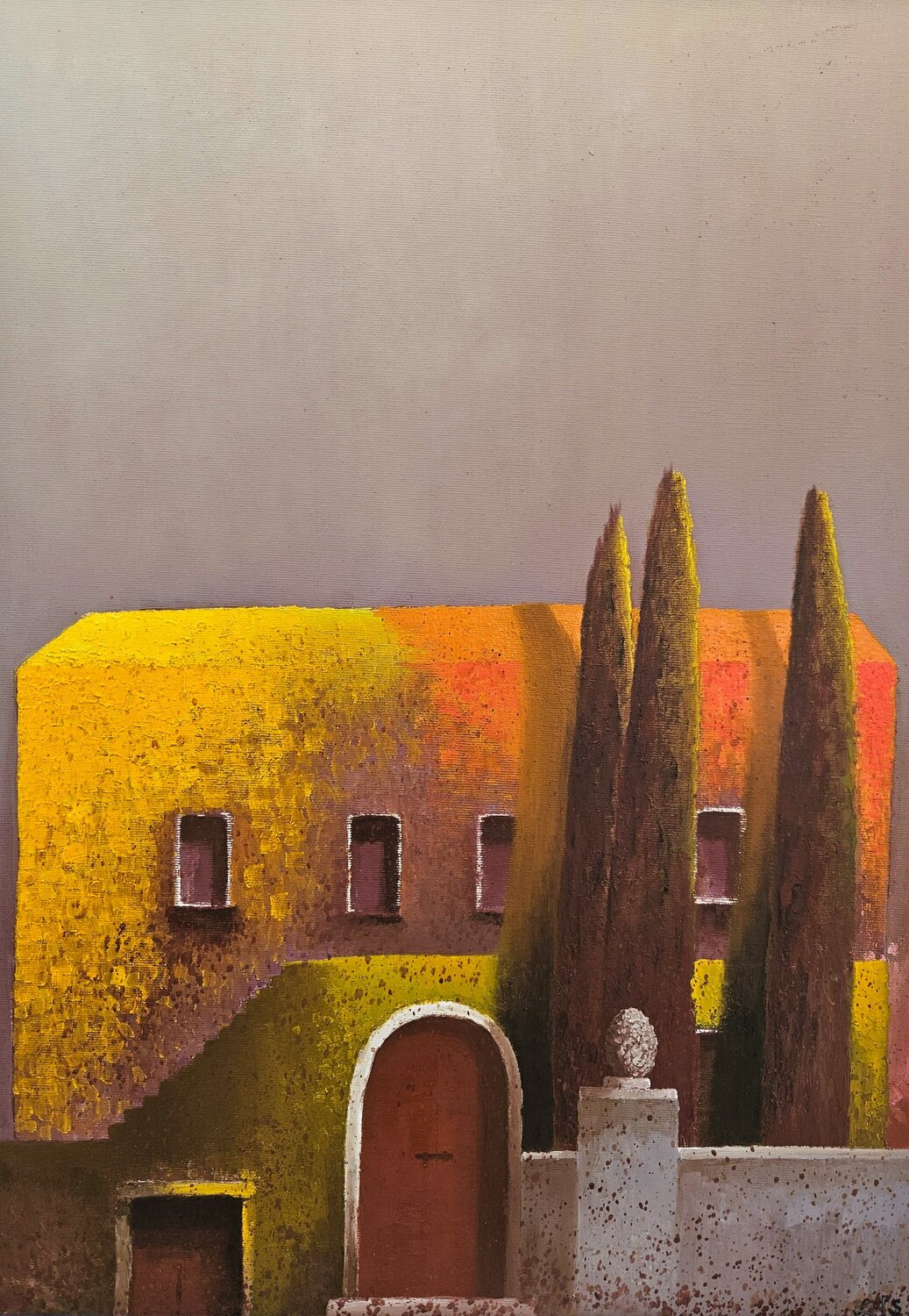 Mediterranes Haus bei Sonnenuntergang Zoran Jovicic-Spaar Originalgemälde zu verkaufen