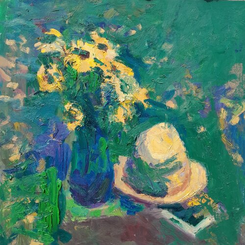 "Autumn, I take off my yellow hat to pay tribute to the summer memories of the green ruby" par Oleksandr Vynnyk, Peinture en vente sur Singulart