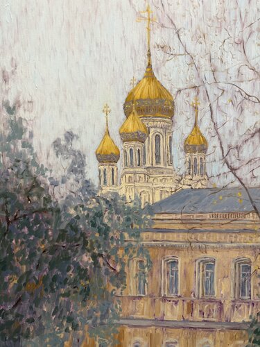 Sretensky Monastery. October. Nature is preparing for winter. The trees shed their thick foliage. The sky turns gray. Nature falls asleep, so that we can awaken. Our perception of the world becomes less joyful, there are fewer things around us that can br de Kseniia Snezhko, Pintura a la venta en Singulart
