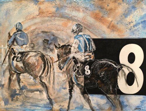 Les bleus en piste - Numéro 8 Tapis de selle de course hippique authentique peints - Chevaux by Adélaïde Andreu Leferme, Painting for Sale on Singulart