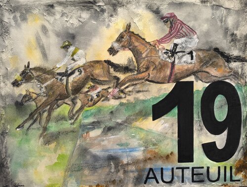 The River Auteuil - Numéro 19 - Tapis de selle de course hippique authentique peints - Chevaux de Adélaïde Andreu Leferme, Pintura a la venta en Singulart
