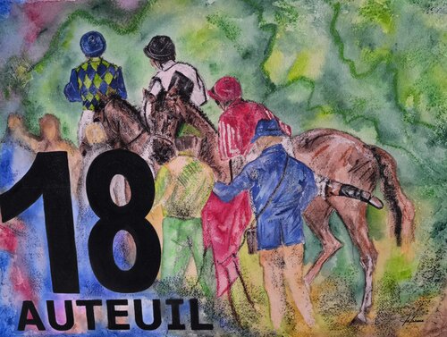 Rond de présentation, en selle -  Auteuil - Numéro 18 - Tapis de selle de course hippique authentique peints - Chevaux de Adélaïde Andreu Leferme, Pintura a la venta en Singulart