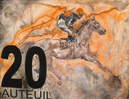 Gran Diose, Vainqueur Grand Steeple Chase 2024 -  Auteuil - Numéro 20 - Tapis de selle de course hippique authentique peints - Chevaux de Adélaïde Andreu Leferme, Pintura a la venta en Singulart