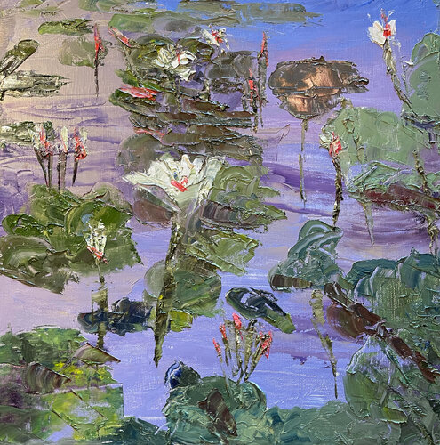 Blooming water lilies on the Mississippi par Michael Escott, Peinture en vente sur Singulart