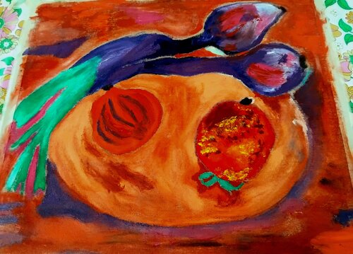 Onions, tomato & pomegranate de Hanne Giacobbe Helleberg, Pintura a la venta en Singulart