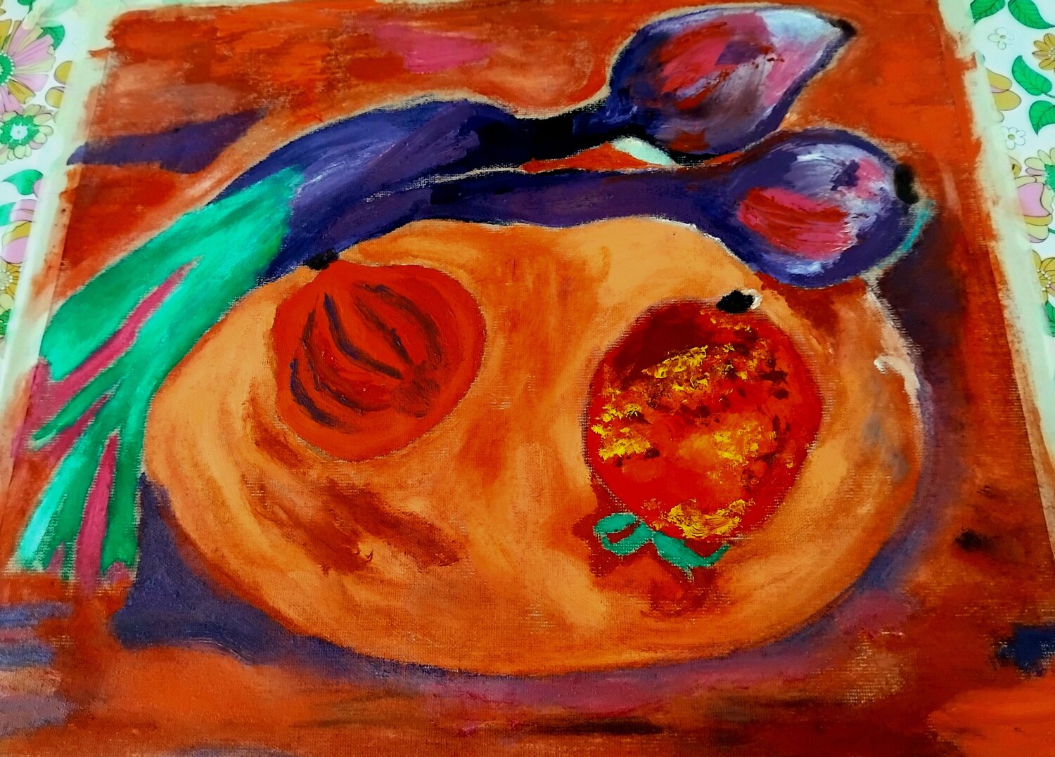 Onions, tomato & pomegranate Hanne Giacobbe Helleberg Original painting for sale