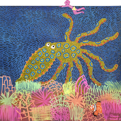 TROUBLES IN BLUE PARADISE – GREATER BLUE-RINGED OCTOPUS di Frank Willems, Pittura in vendita su Singulart