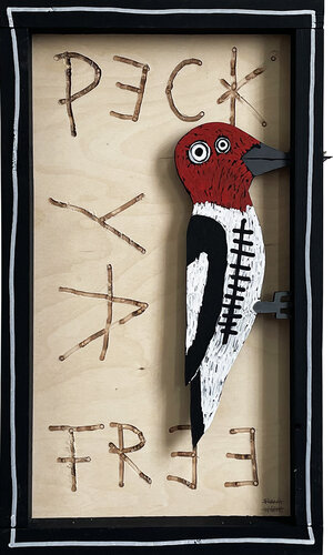 PECK YA FREE – RED HEADED WOODPECKER di Frank Willems, Pittura in vendita su Singulart
