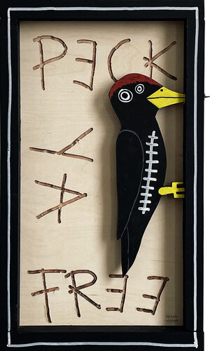 PECK YA FREE – BLACK WOODPECKER di Frank Willems, Pittura in vendita su Singulart