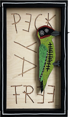 PECK YA FREE – GREEN WOODPECKER di Frank Willems, Pittura in vendita su Singulart