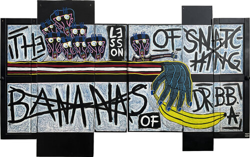 THE LESSON OF SNATCHING BANANAS OF DR BB ARIS di Frank Willems, Pittura in vendita su Singulart