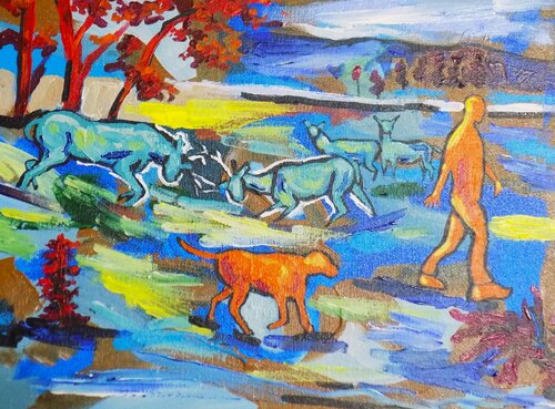 Walking the Dog with Deer by Tara Stephanos, 絵画 for Sale on Singulart