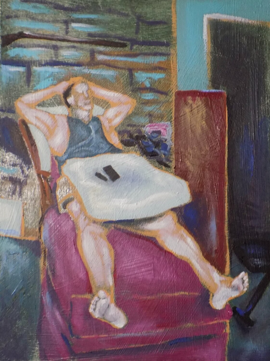 Man Resting in Living Room Tara Stephanos Peinture originale à vendre
