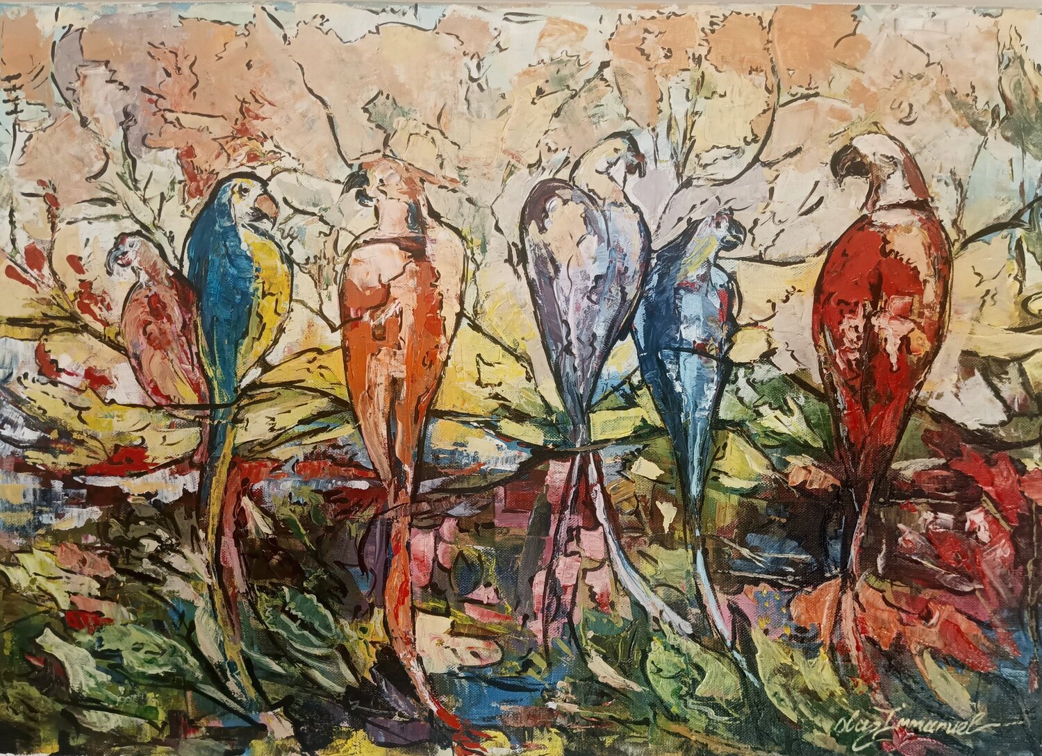 Birds Gathering Immanuel Ola Originalgemälde zu verkaufen