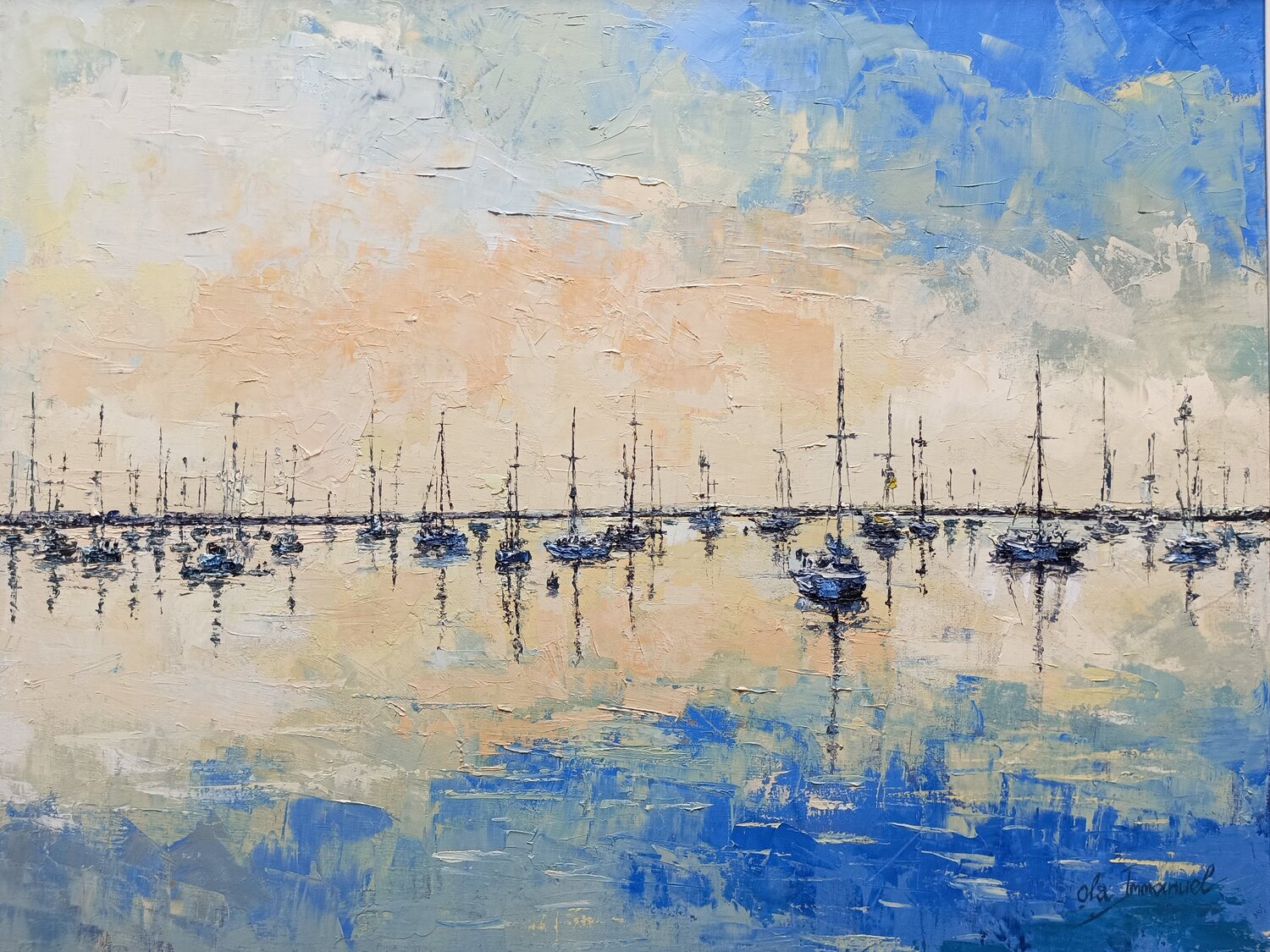 Harbour at Dawn Ola Immanuel Peinture originale à vendre