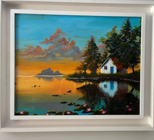 A cozy cabin reflecting in the water de Nesma BENZEKRI, Pintura a la venta en Singulart