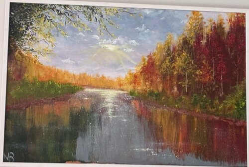 a shimmering river in fall colors de Nesma BENZEKRI, Pintura a la venta en Singulart