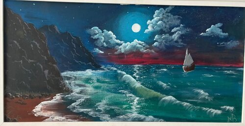 The wild sea under a silver moon de Nesma BENZEKRI, Pintura a la venta en Singulart