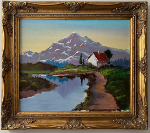 a riverside cabin at sunrise par Nesma BENZEKRI, Peinture en vente sur Singulart