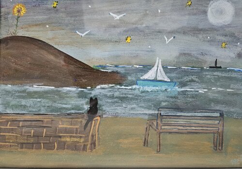 chat au bord de mer by marie proteau, Painting for Sale on Singulart