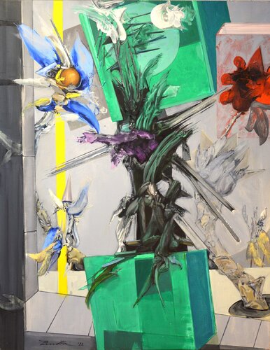 Arbre, Fleurs et Boites Vertes by Daniel PIRROTTA, Painting for Sale on Singulart