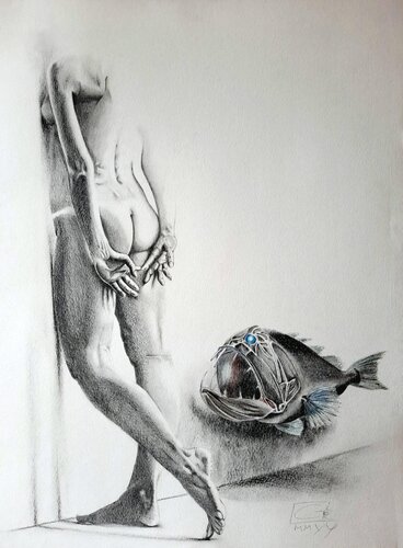 De la difficulté d'être femme dans un monde d'hommes (Nu à l"anoplogaster cornuta) by Gier Gier, Work on Paper for Sale on Singulart